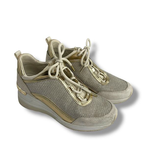 Michael Kors Lolly Trainer Wedge Sneakers 7.5 Metallic Silver gold Glitter EUC - Picture 8 of 16